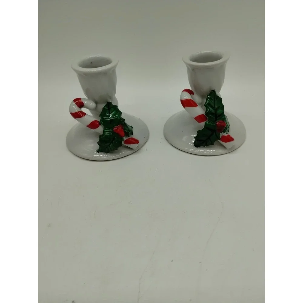 Set Of 2 Christmas Candlesticks Candy Cane Mistletoe White 2.5